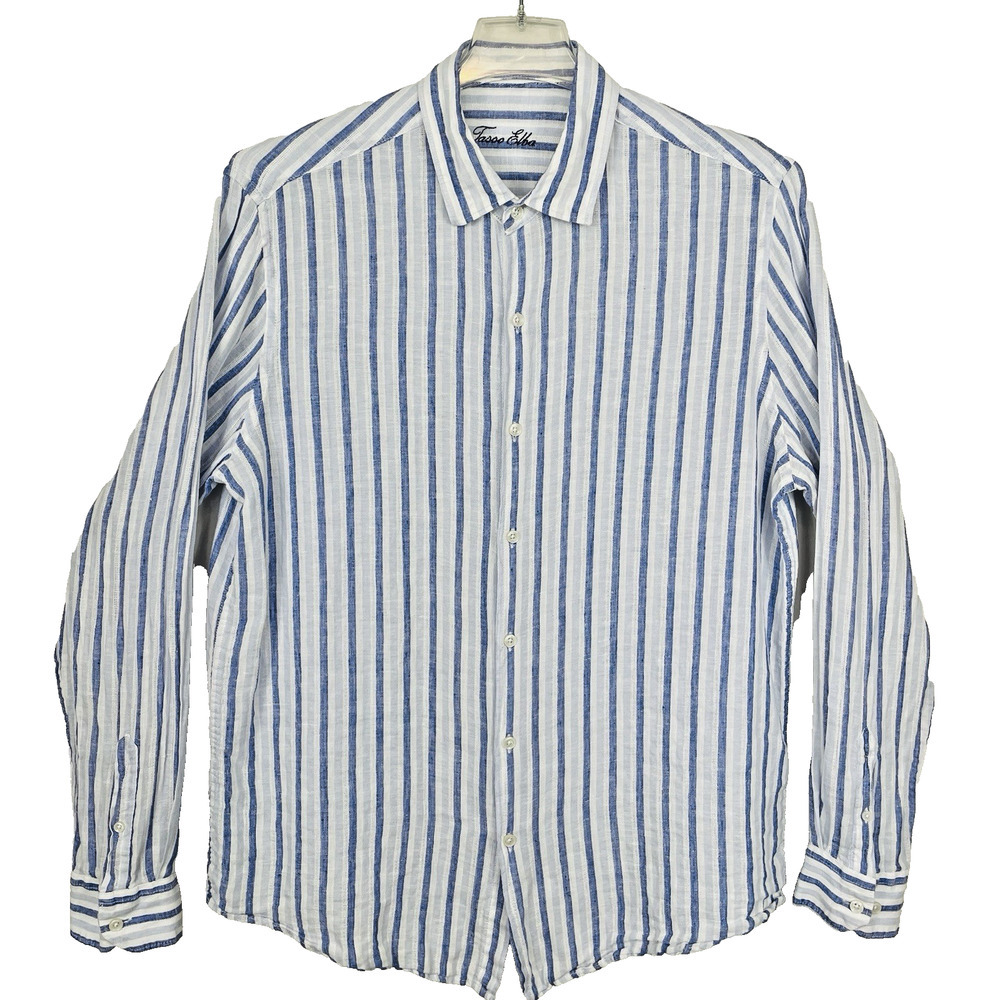 Taso Elba 100% Linen Shirt Mens L Blue White Nautical Stripe Beachy Coastal Cool